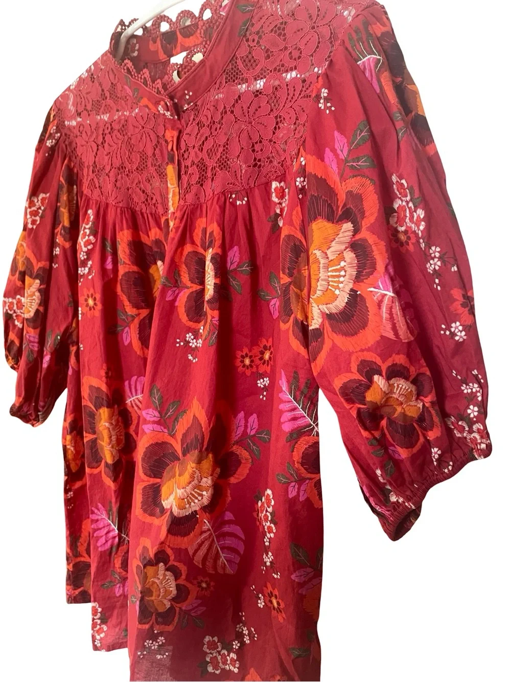 Anthropologie FARM Rio Giustina Lace Floral Cotton Blouse XL Red Puff Sleeve